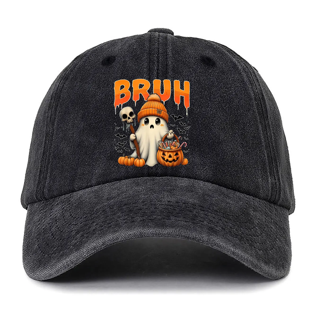 Brun Kawaii Ghost Тыква Фонарь Бейсболка с принтом Винтаж Хэллоуин Женщина Мужчина Регулируемая мытая шляпа Классическая кепка дальнобойщика