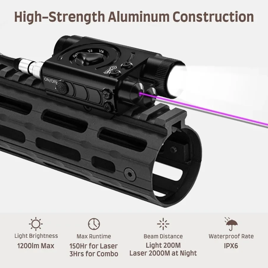 ترقية البصر بالليزر الأحمر والأخضر والأزرق والأرجواني مع شعاع ليزر الأشعة تحت الحمراء ومصباح يدوي تكتيكي 1200 لومن يتميز بشحن إعادة الشحن