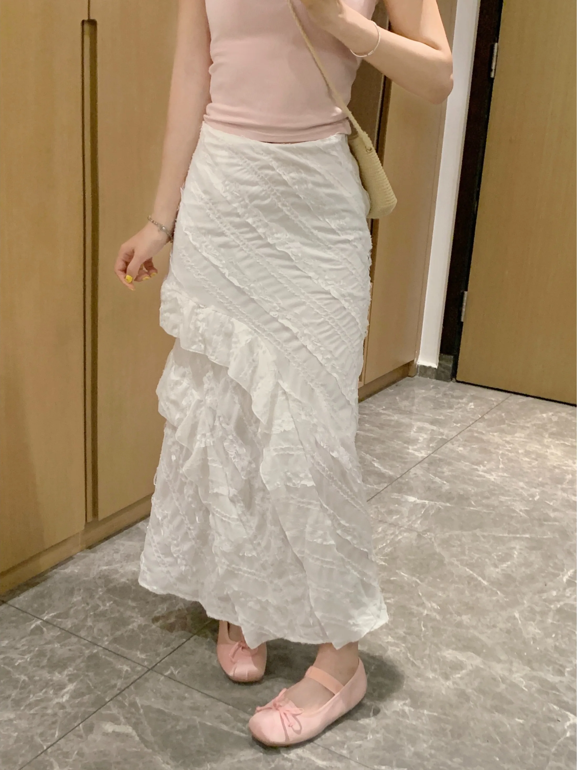 

plus Size Lace Splice Asymmetrical High Waist Slimming Design Summer New Fish Tail Long Skirt Korean Style Commute Straight Cut