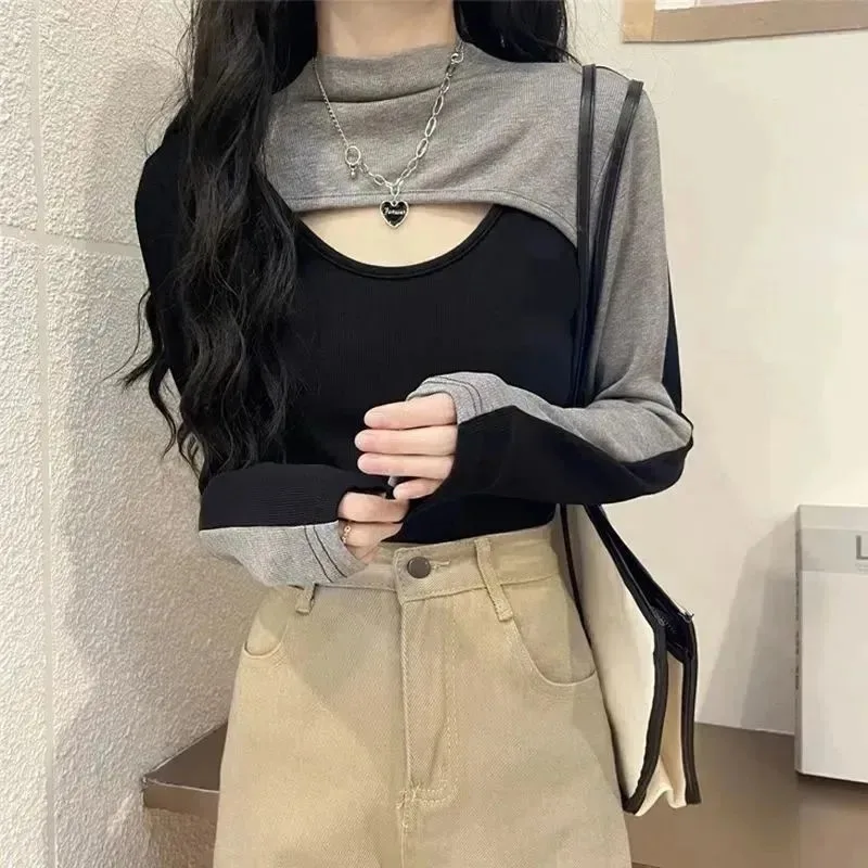 T-shirt Autumn Winter New Style Contrasting Color Stitching Hollow Tees Slim Long-sleeved Bottoming Shirt Tops for Women