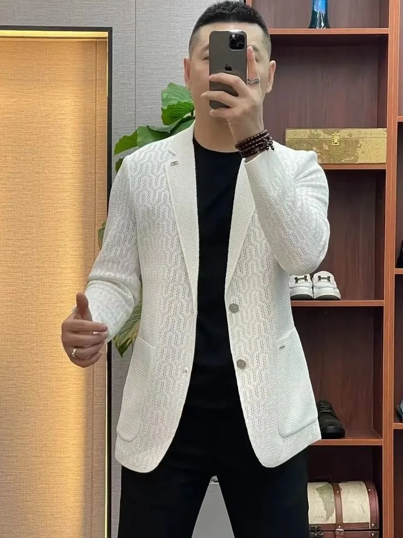 Spring Summer Knitted Mens Blazers Casual Suit Fashion Versatile Business European Luxury High Grade Handsome Jacket Men Clothes