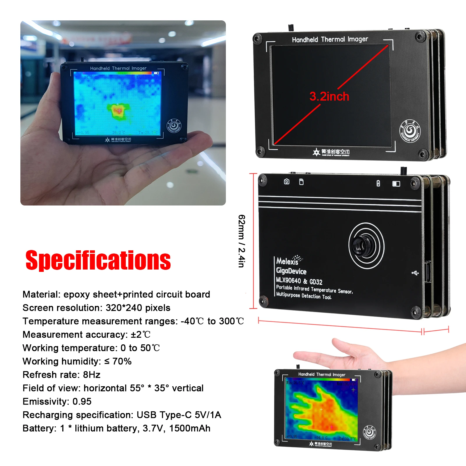 -40~300℃ Portable Multifunction Infrared Imager Handheld Digital Infrared Thermal Imaging Camera 3.2 Inch LCD Display  Imager