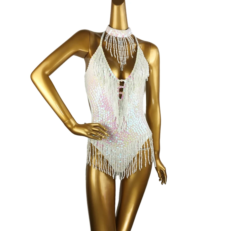 Shiny Costume For Women long tassles leotard One-Piece Bodysuit Sexy Clubwear Party Outfit Stage costumes