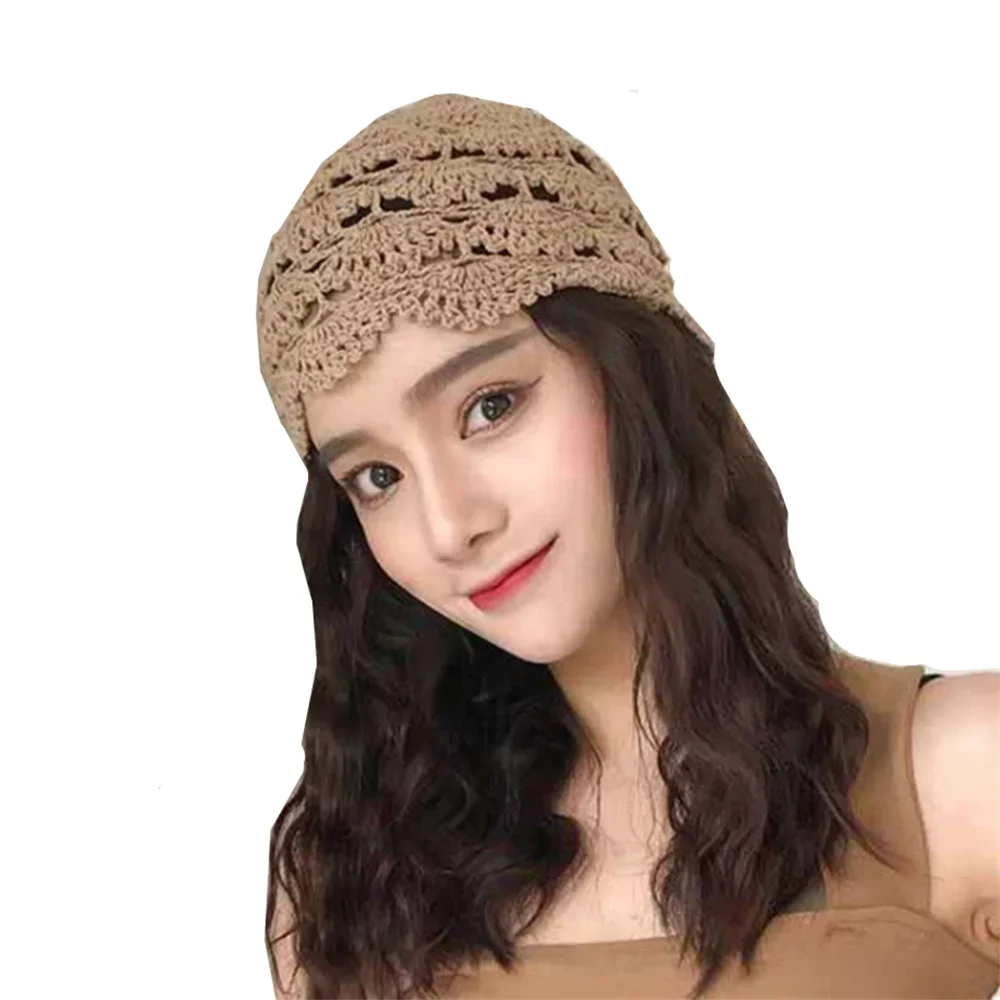 Hand-Knitted Flower Hollow Thin Cap Spring and Summer Lace Breathable Kerchief  Crochet Toe  Cotton Thread Hat Female