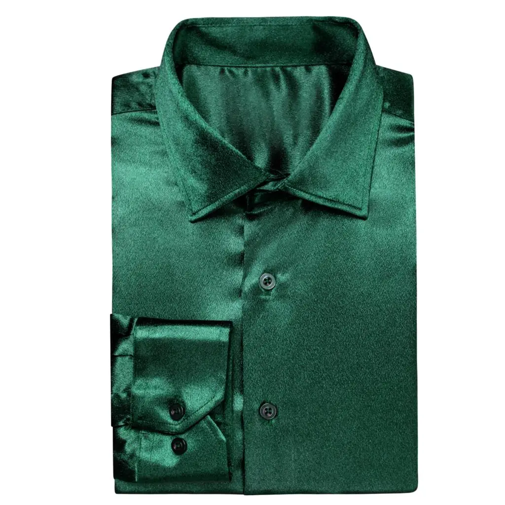 Hi-Tie Mens Big Size Green Silk Satin Shirts Lapel Collar Solid Long Sleeve Social Dress Shirt Soft High Quality Blouse for Male