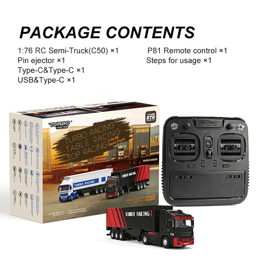 Turbo Racing 1:76 C50 C50-T C50-C RC Car Semi-truck P81 10CH Mini