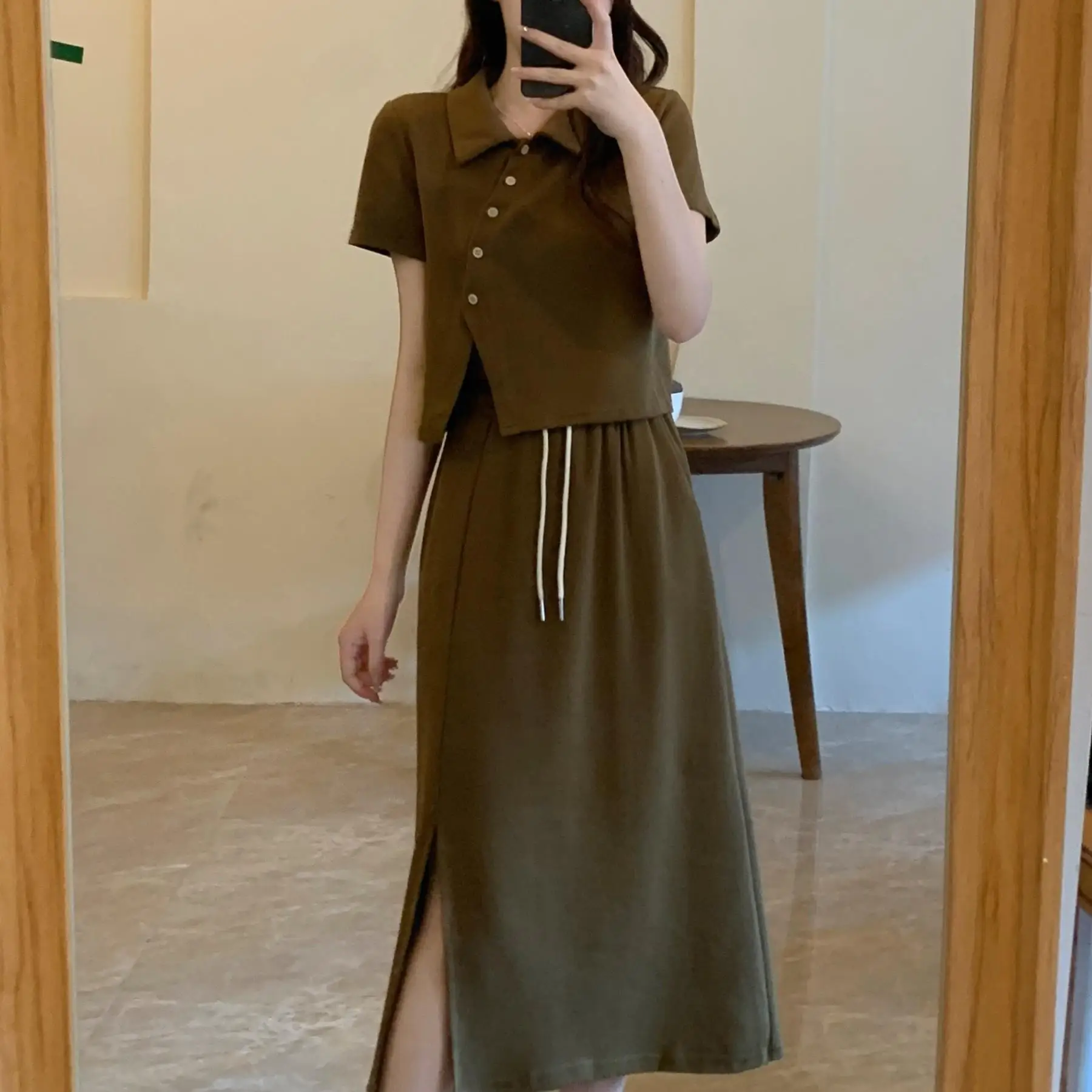 Solid Ladies Two-piece Suit Fashion New Buttons Dress Sets Tops High Waist A-line Skirt Summer Thin Irregular Women's Clothing