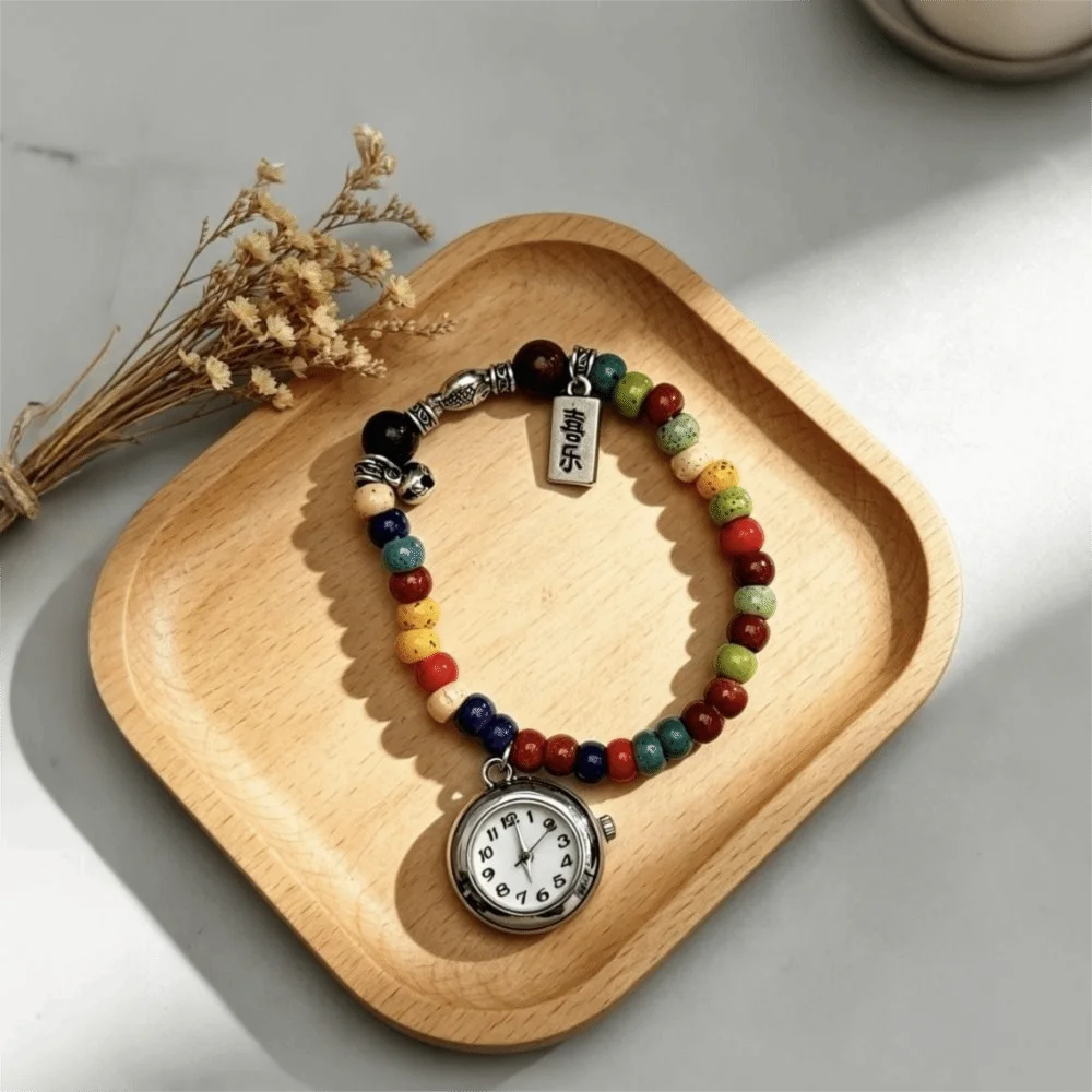 Fashion Beaded Bracelet Watch with Pendant Handmade Chain Watch Quartz Watch for Women Girls