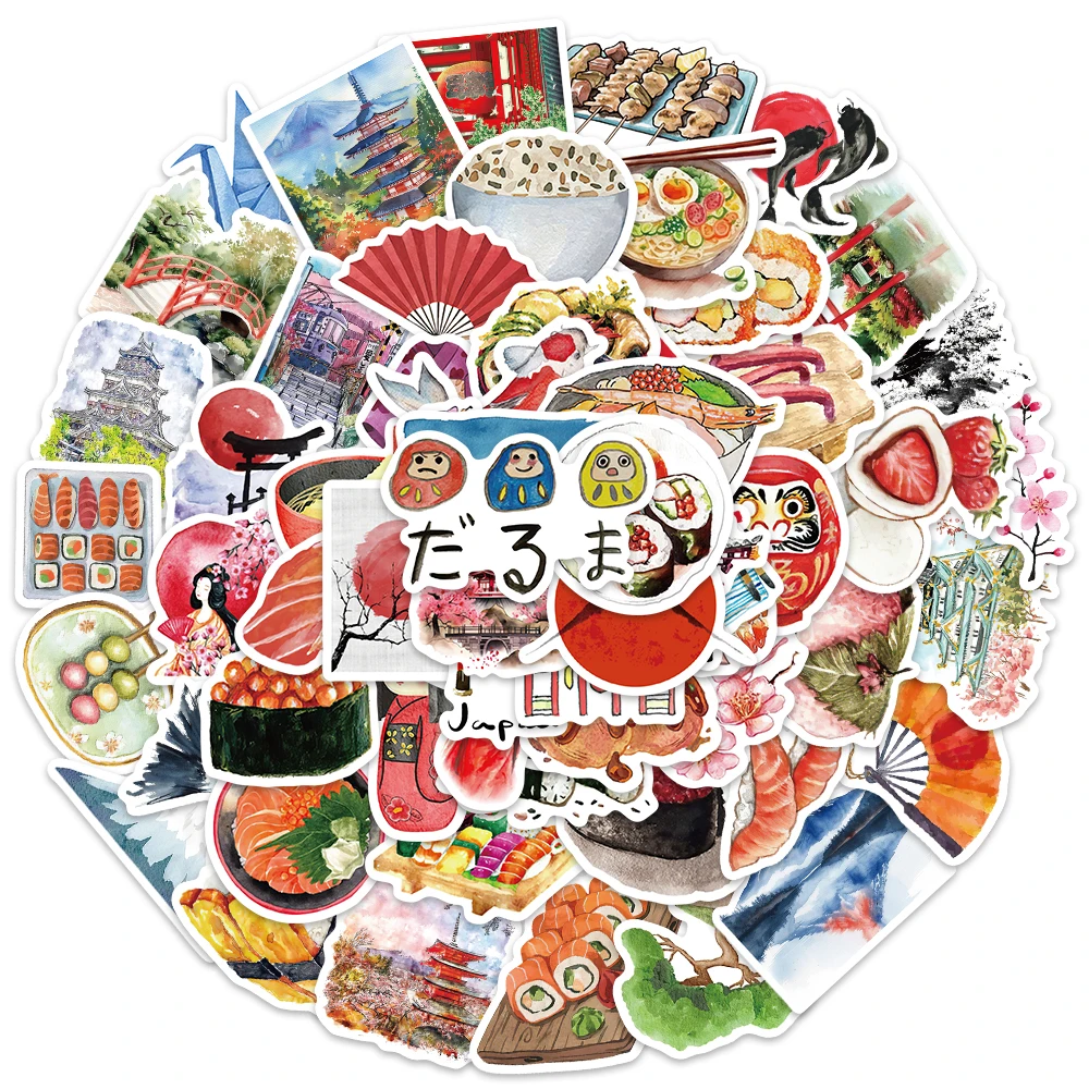 64PCS Watercolor Japan Travel Cartoon Sushi Graffiti DIY Sticker Phone Guitar Laptop Notebook Suitcase Cup Waterproof Sticker