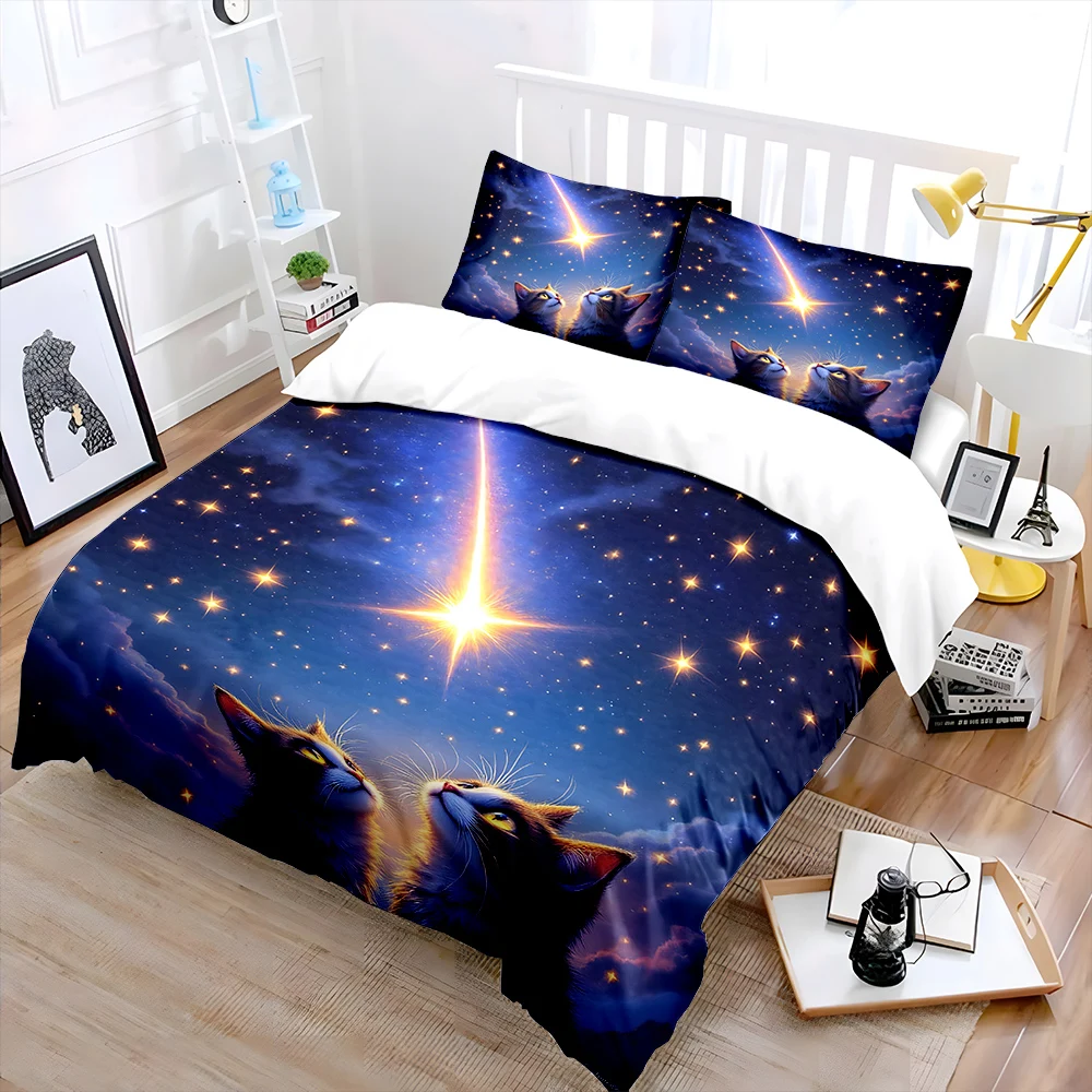 Two cats gazing at shooting star Bedding Set for Kids Luxury Gift 3pcs Digital Print Comforter Set Soft Comfortable Breathable
