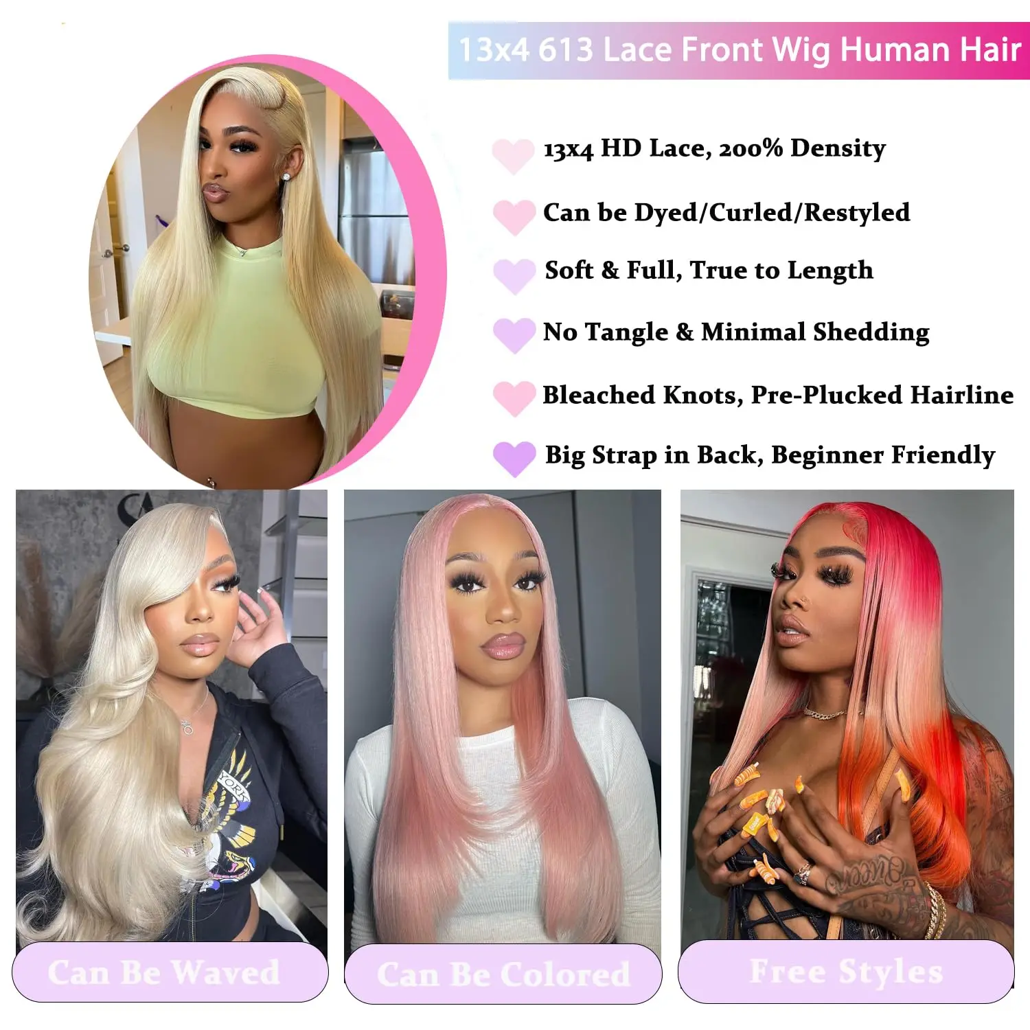 Peruki z ludzkich włosów, blond 613, proste, 34 cale, peruki typu lace front 13x4, 200% gęstości, z transparentną koronką HD, wstępnie wyregulowane, z baby hair.