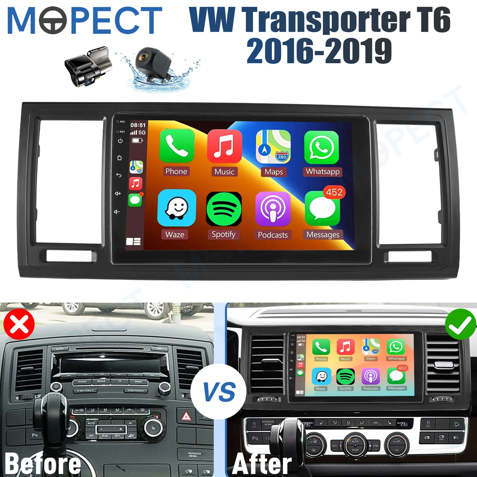 MOPECT 9" Android 15 Carplay autoradio voor VW Transporter T6 2016-2019 met 4G+64G GPS navigatie, Bluetooth, FM/AM/RDS+DAB&DVR&camera - afbeelding 1