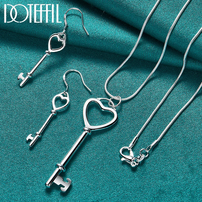 DOTEFFIL 2pcs 925 Sterling Silver Heart Key Pendant Necklace Earring Set For Woman Man Wedding Fashion Charm Jewelry