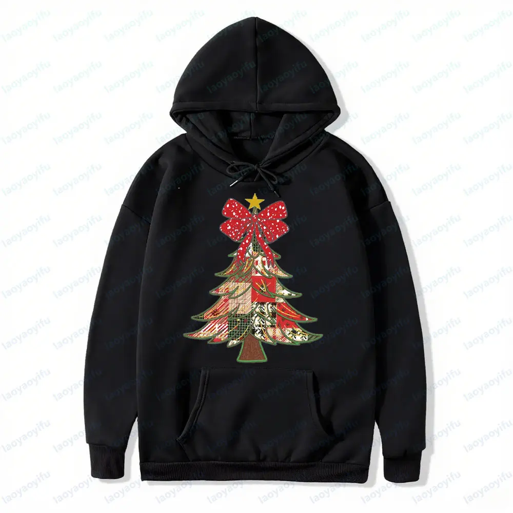 Felpe con cappuccio retrò per albero di Natale Felpe patchwork natalizie vintage Buon regalo di Natale Abbigliamento Top casual alla moda da donna