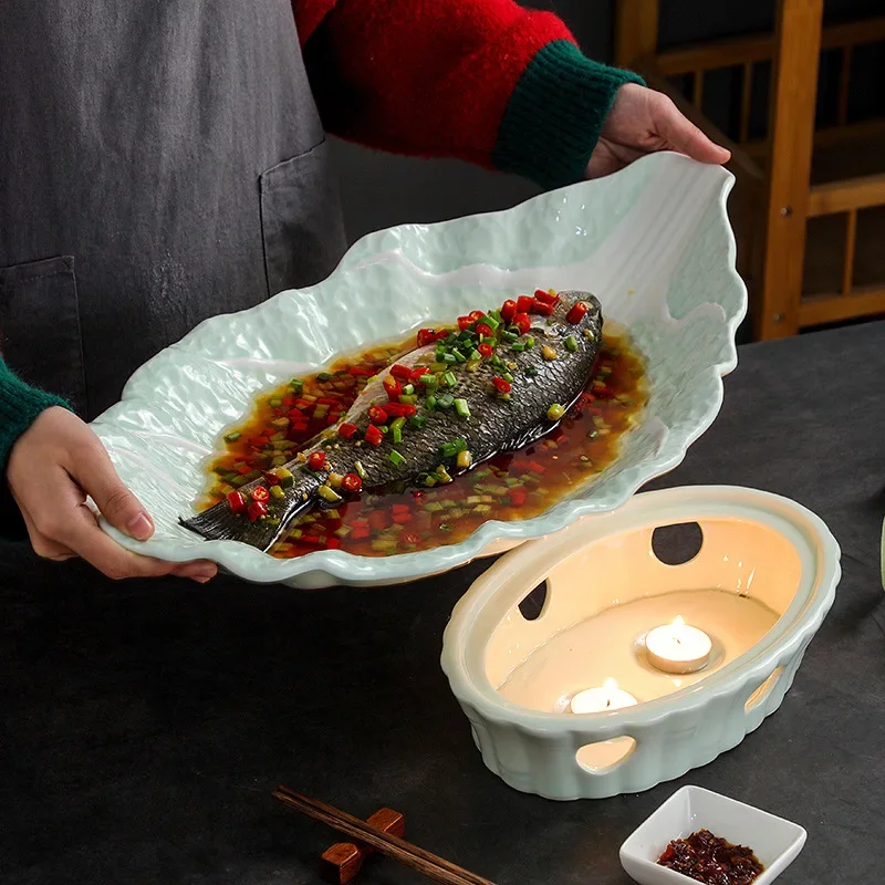 Ceramic plate personalized creative household large candle heating furnace insulation hotel grilled fish plate