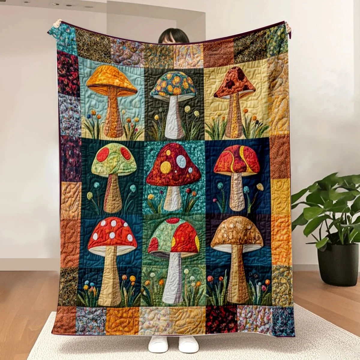 Vintage mushroom patterned blanket, autumn and winter countryside style decorative blanket, sofa, home interior gift