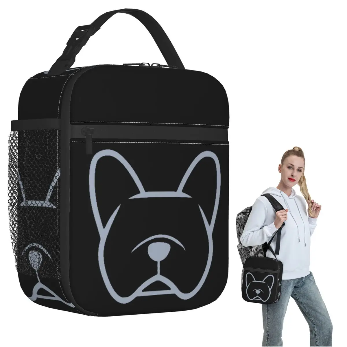 French Bulldog Face Silhouette In Light Gray On Navy Insulated Lunch Bag for Women Children Food Boxes Thermal Lunch Box Tote