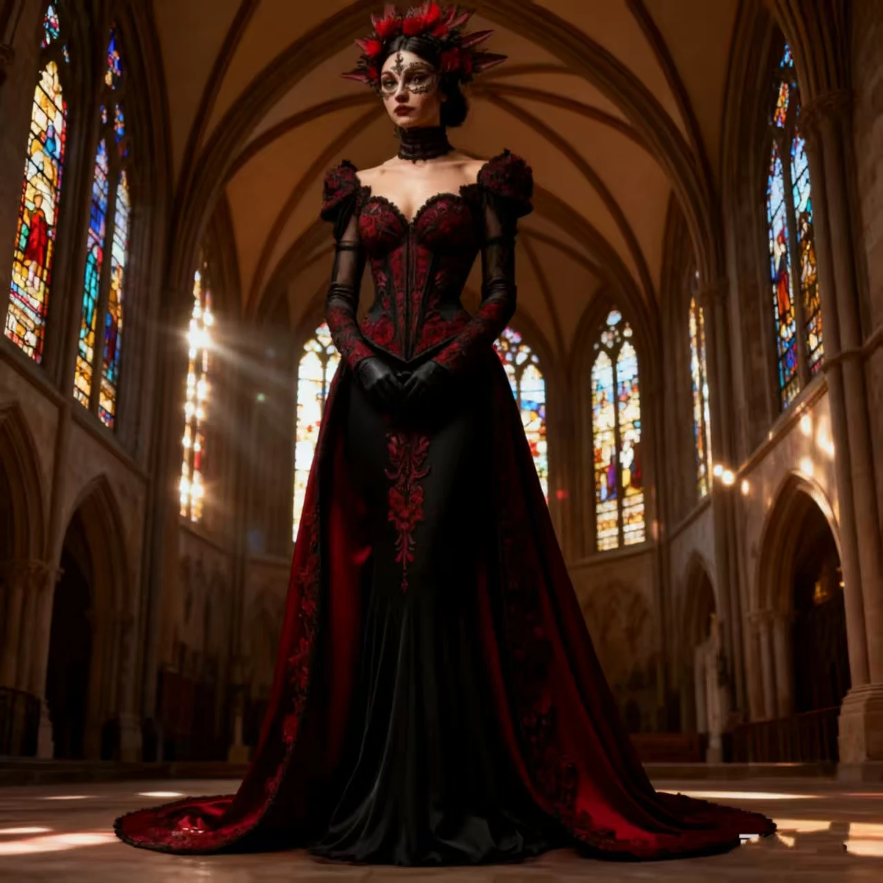 الأسود والأحمر مصاص دماء القوطية فستان الزفاف الدانتيل زين مشد طويل فستان تنكر كم كامل خمر فستان زفاف مخصص #4