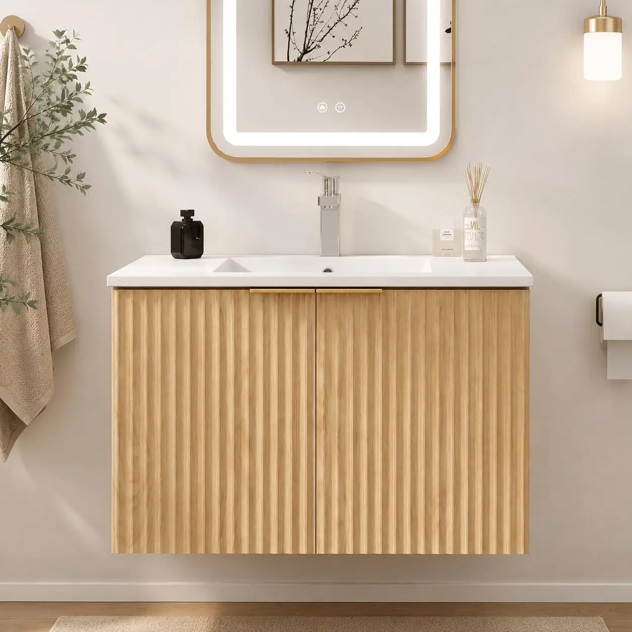 Modern Floating Bathroom Vanity With Wavy Textured Doors Wall Mounted Storage Cabinet Soft Close Hinges Ceramic Sink Basin Organizer For Home Restroom Nature view 7