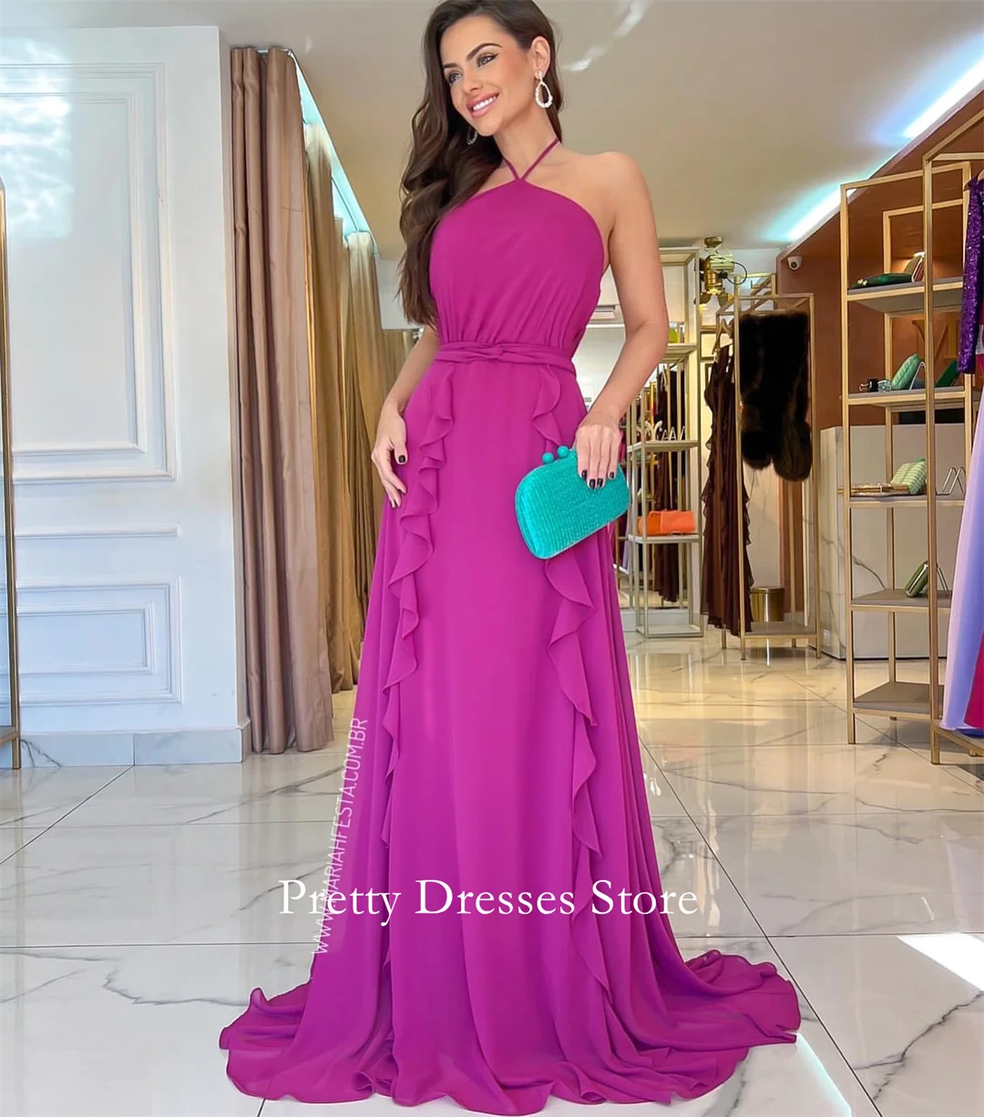 

Halter Neck Fashion Style Chiffon Vintage Rose Red Ruffles Evening Dresses Customized Formal Prom Growns Party Women Bride