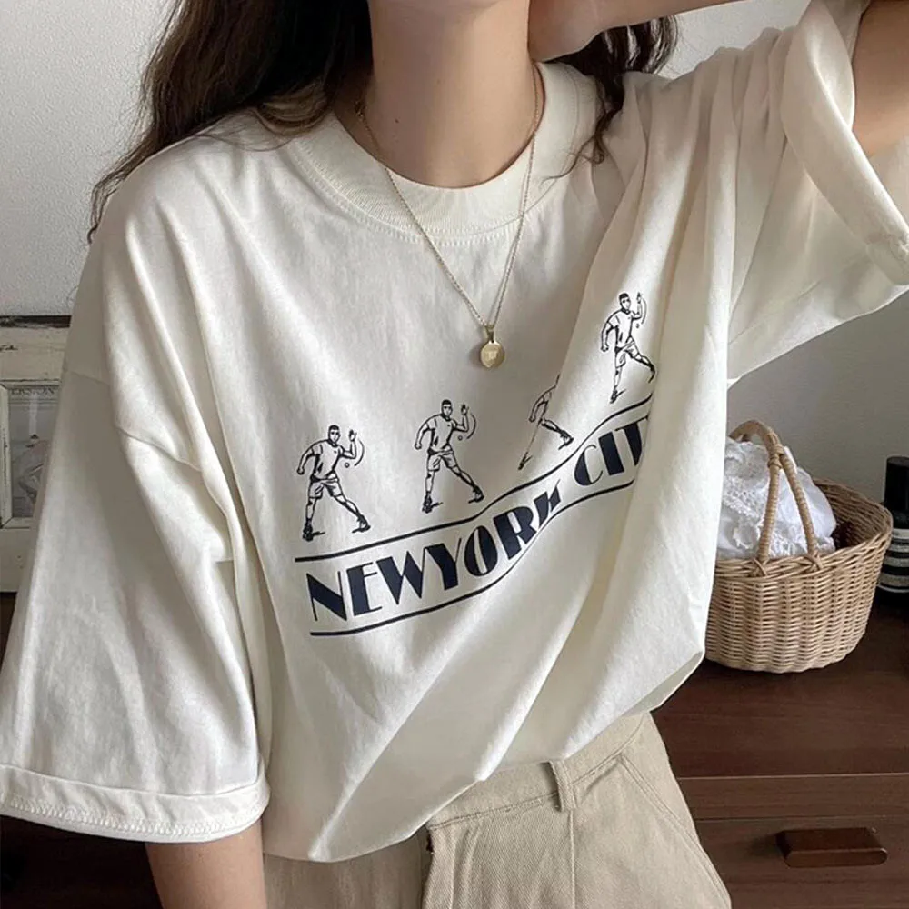 New York City Athletic Style Graphic Women T Shirts White Short Sleeve Thick Cotton Tops Summer Loose Crewneck Retro Tees