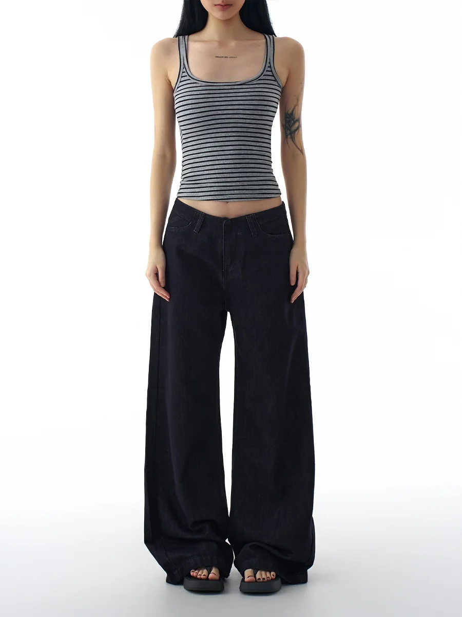 

Американские ретро широкие синие джинсы с низкой талией, женские осенние новые драпированные брюки прямого кроя, повседневные всесезонные джинсовые брюки