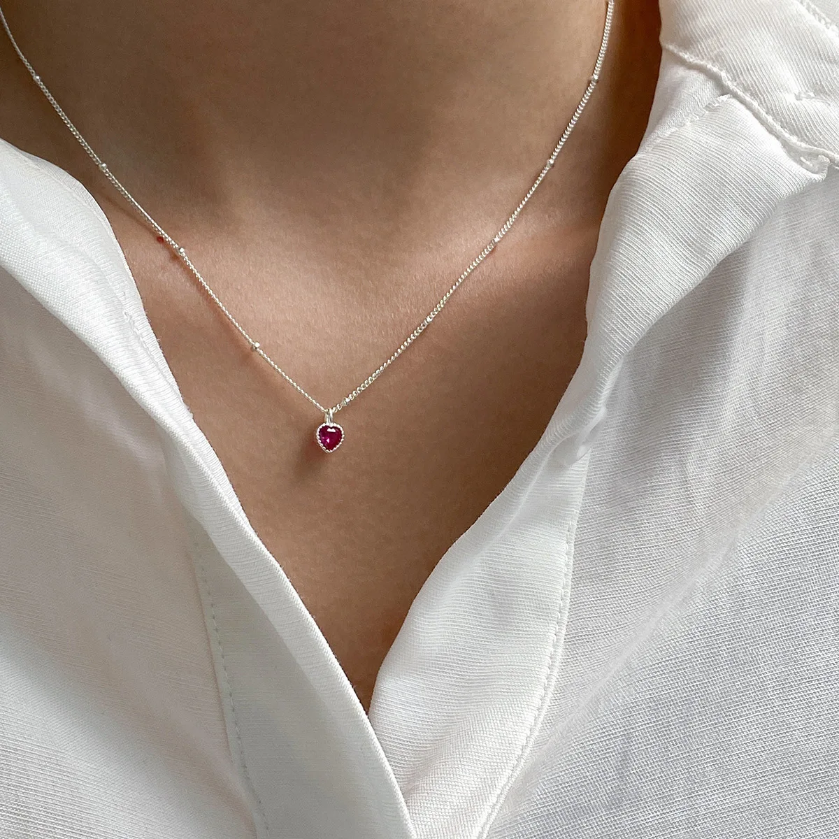 S925 فضة القلب قلادة قلادة للنساء أنيقة روز الأحمر الأحجار الكريمة البطانة الرقبة المجوهرات #5