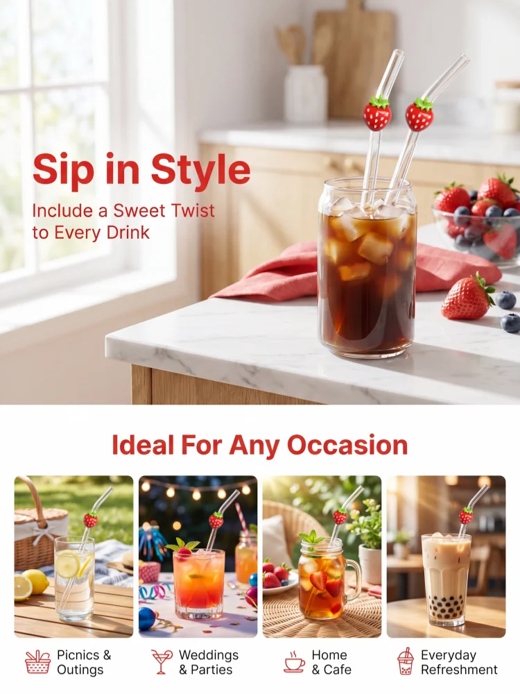 1/3/6Pcs Red Strawberry Curved Glass Straw for Hot Cold Beverages, Kitchen Supply, Camping Decor, Holiday Gift & Photo Prop