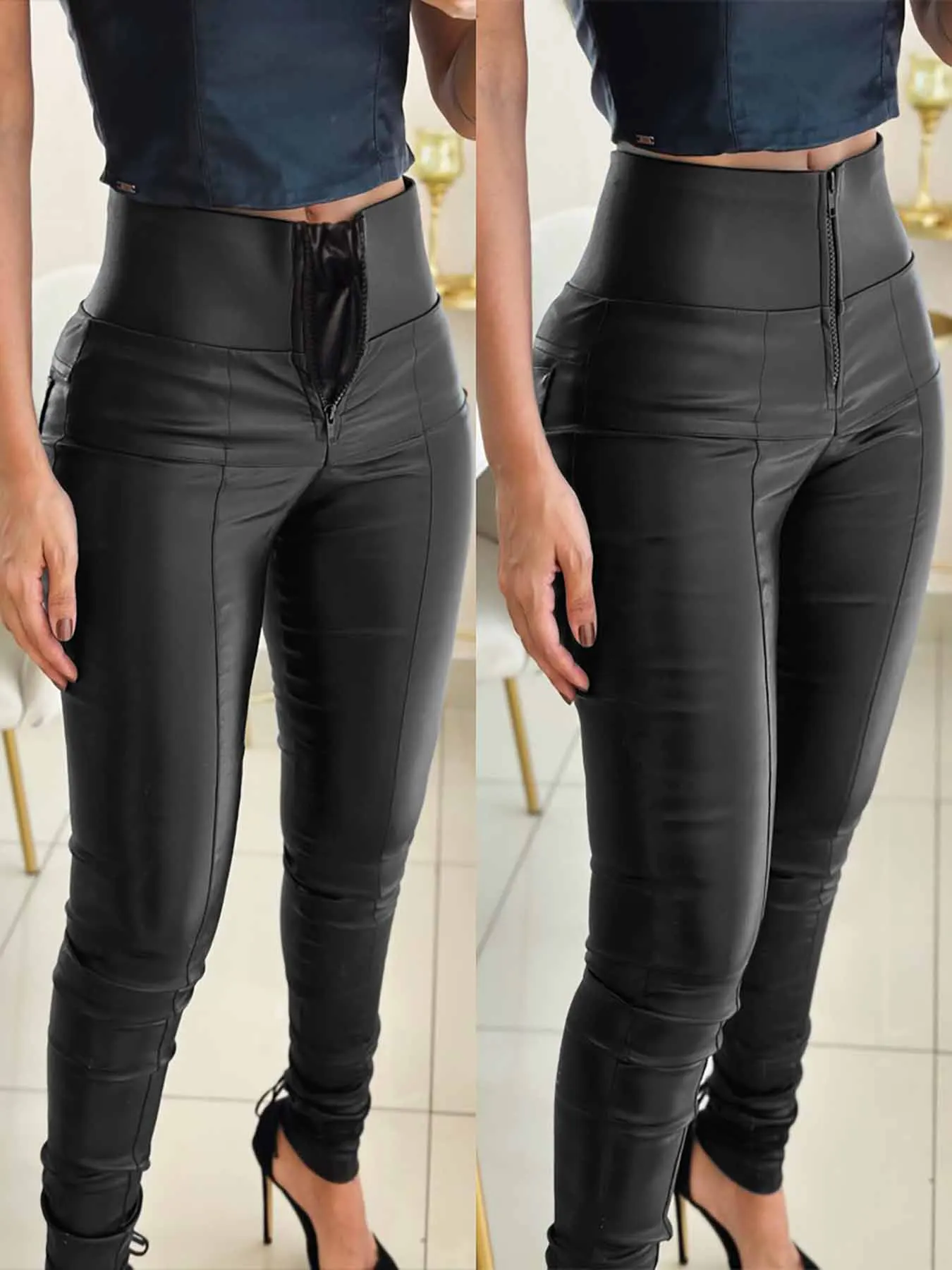 

Solid Color High Waist Zipper Leather Pants with Anti-Pinch Abdomen PU Leather Pants Slim Fit Women's Leggings