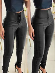 Solid Color High Waist Zipper Leather Pants with Anti-Pinch Abdomen PU Leather Pants Slim Fit Women's Leggings