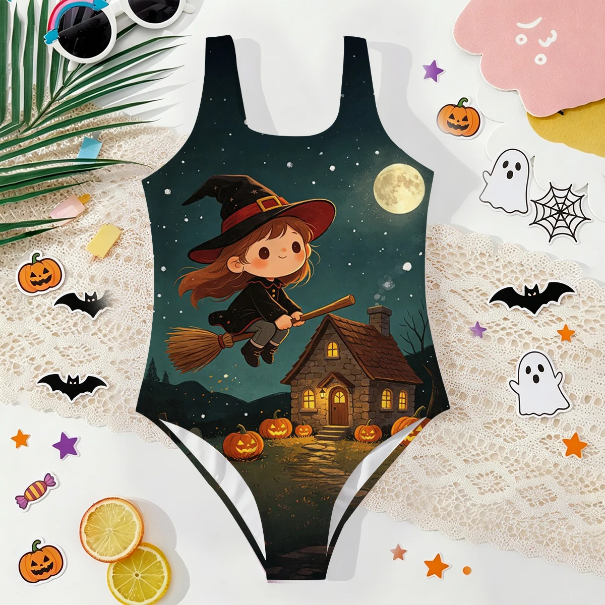 Girls' Summer Halloween Atmospheric Little Witch Fashionable Tight One-piece Swimsuit