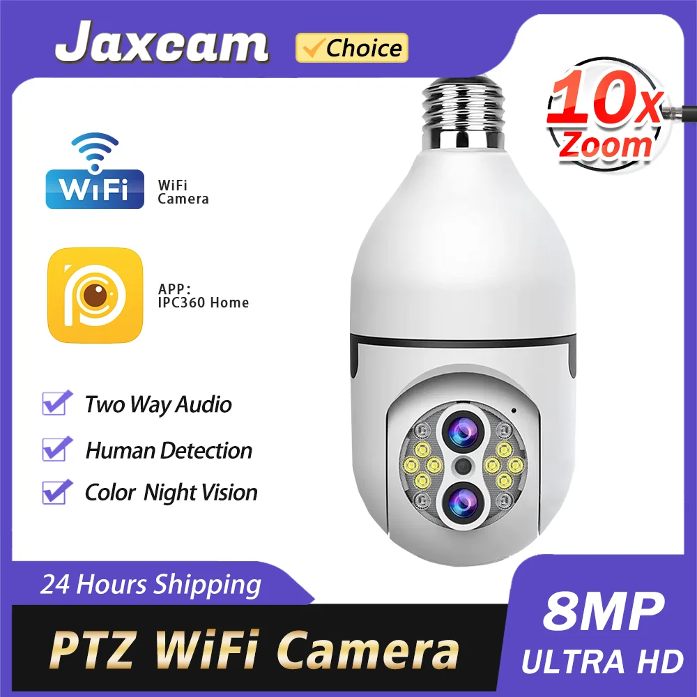 

8MP 4K E27 Bulb Camera WiFi Baby Monitor 10X Zoom Auto Tracking Indoor Video Surveillance Home Security Cam Floodlight Carecam