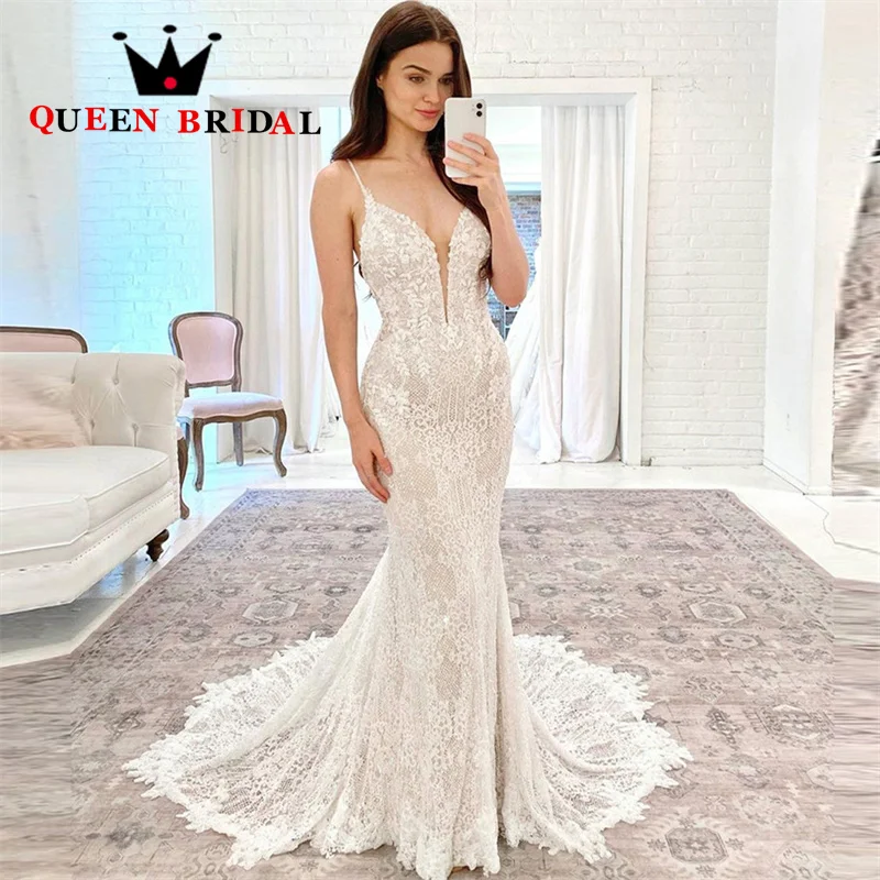 Mermaid Sexy Wedding Dresses Removable Train Lace Appliques Deep V Spaghetti Straps Bridal Gown Robe De Mariée Custom J85Q