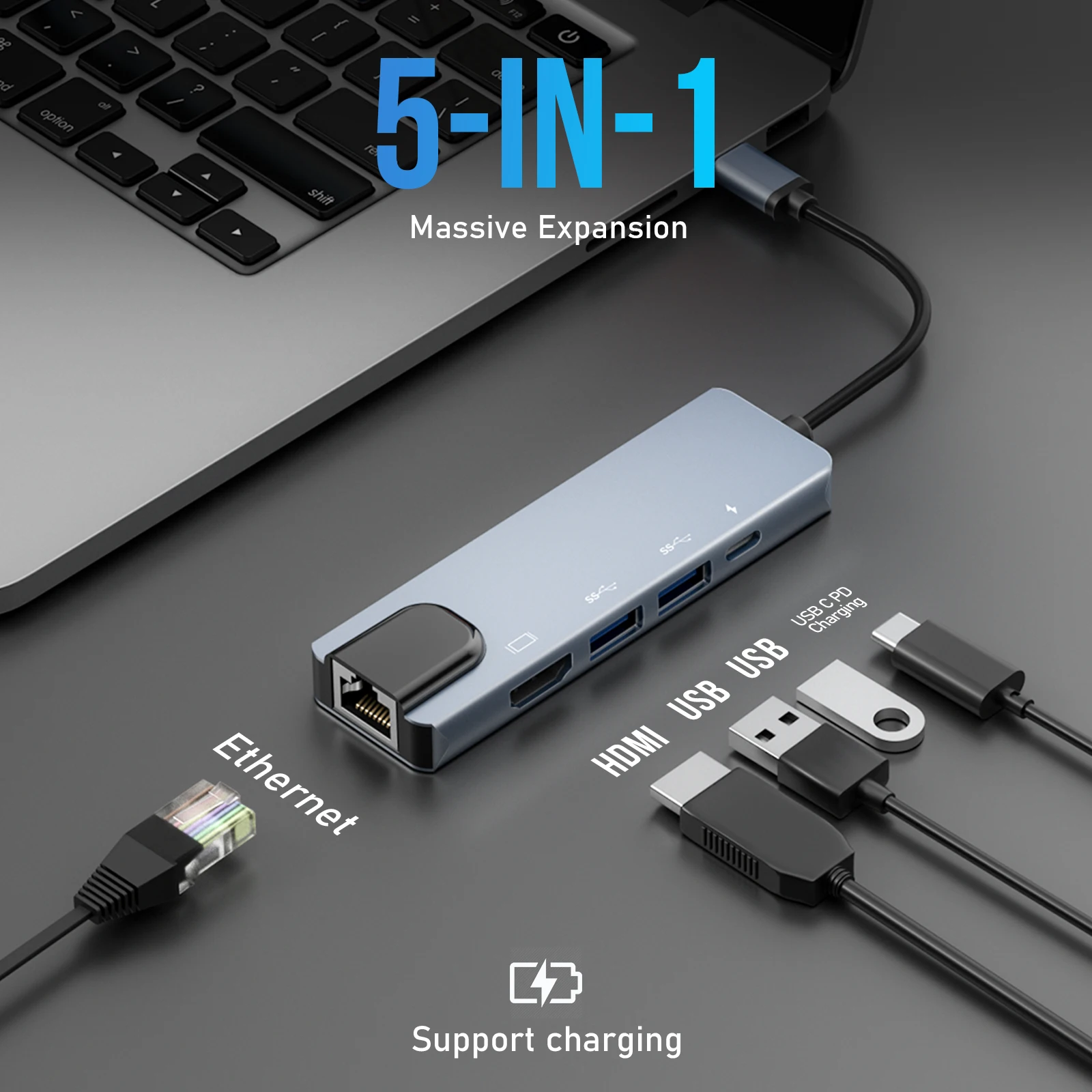 

Lemorele TC15 5-in-1 ports USB 2.0 Hub USB C docking station Type C to 4K HDMI 480Mbps fast transfer for iOS Linux laptop