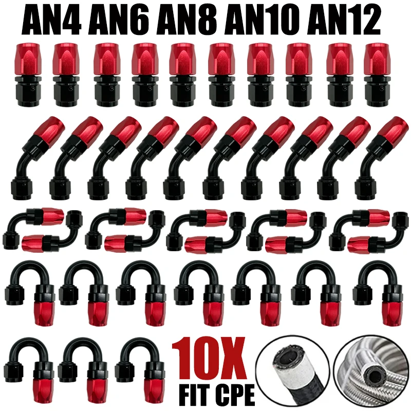10x Universal AN4/AN6/AN8/AN10/AN12 Straight 0°/45°/90°/180° Degree CPE Oil Fuel Swivel Hose End Fitting Oil Hose End Adaptors