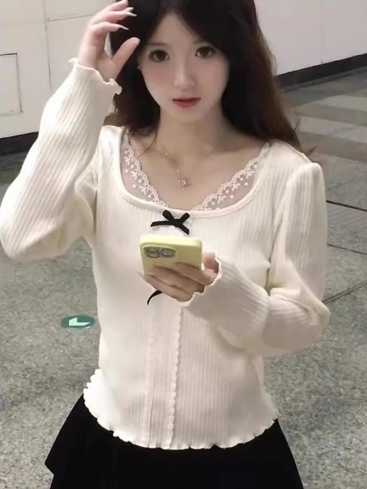 

Kawaii футболки женские милый дизайн с бантом корейский тонкий Feminino Y2k уличный стиль школьница Harajuku повседневные однотонные весенне-осенние Ropa