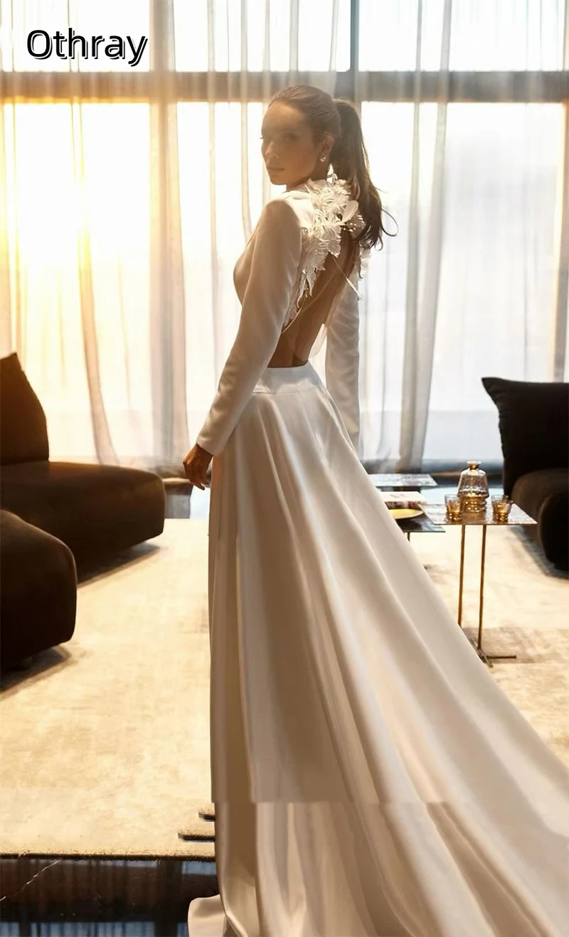 Othray Satin-Spitzen-Abendkleid, langärmelig, 2-teilig, hoher Schlitz, A-Linie, Abschlussballkleidung, Saudi-Arabien, sexy V-Ausschnitt, rückenfreies Partykleid