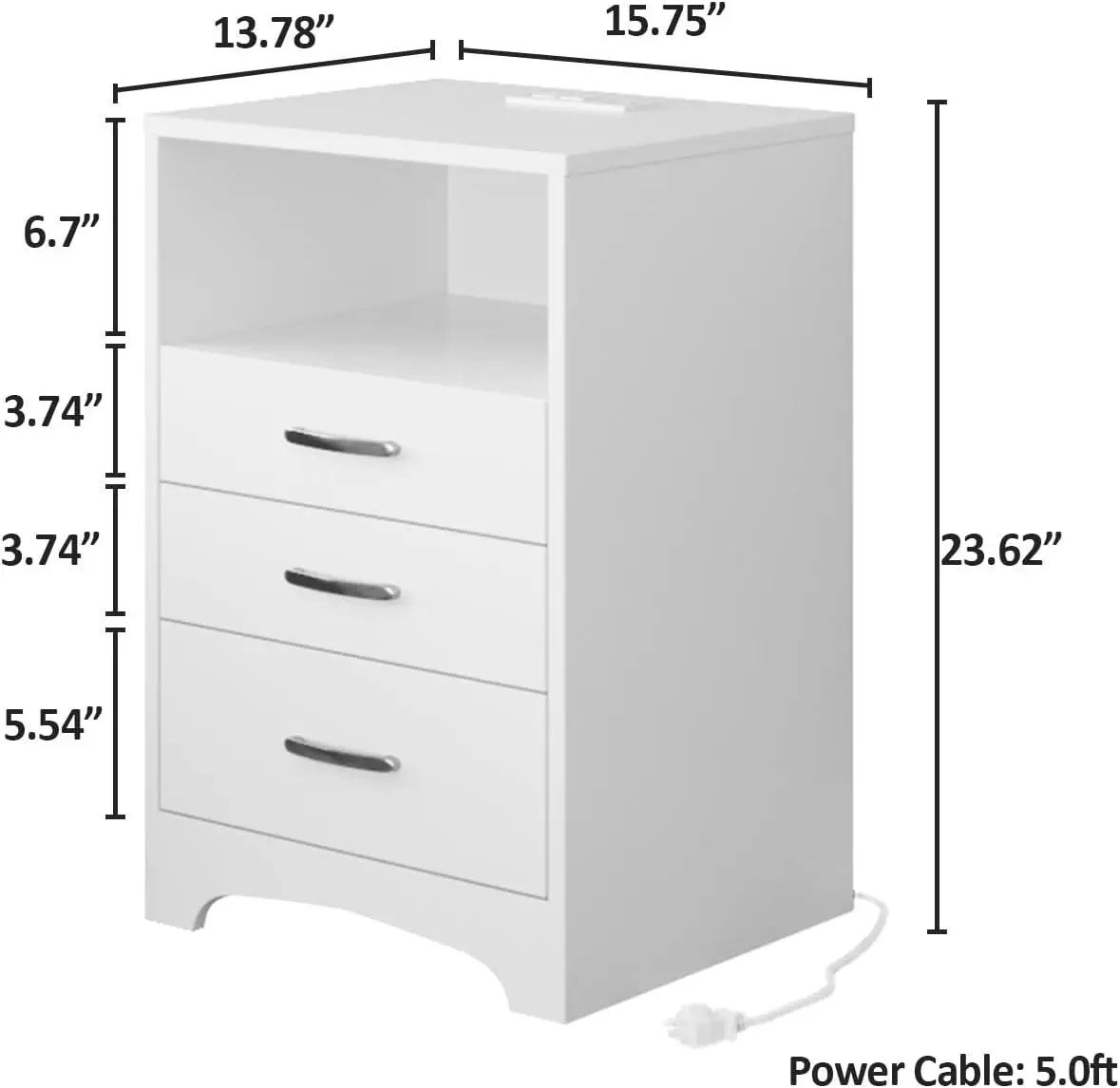 Nightstand สีขาวกับสถานีชาร์จ, โต๊ะข้างทันสมัย3ลิ้นชัก, ตู้ลิ้นชักไม้ยืนข้างเตียงโต๊ะใหม่