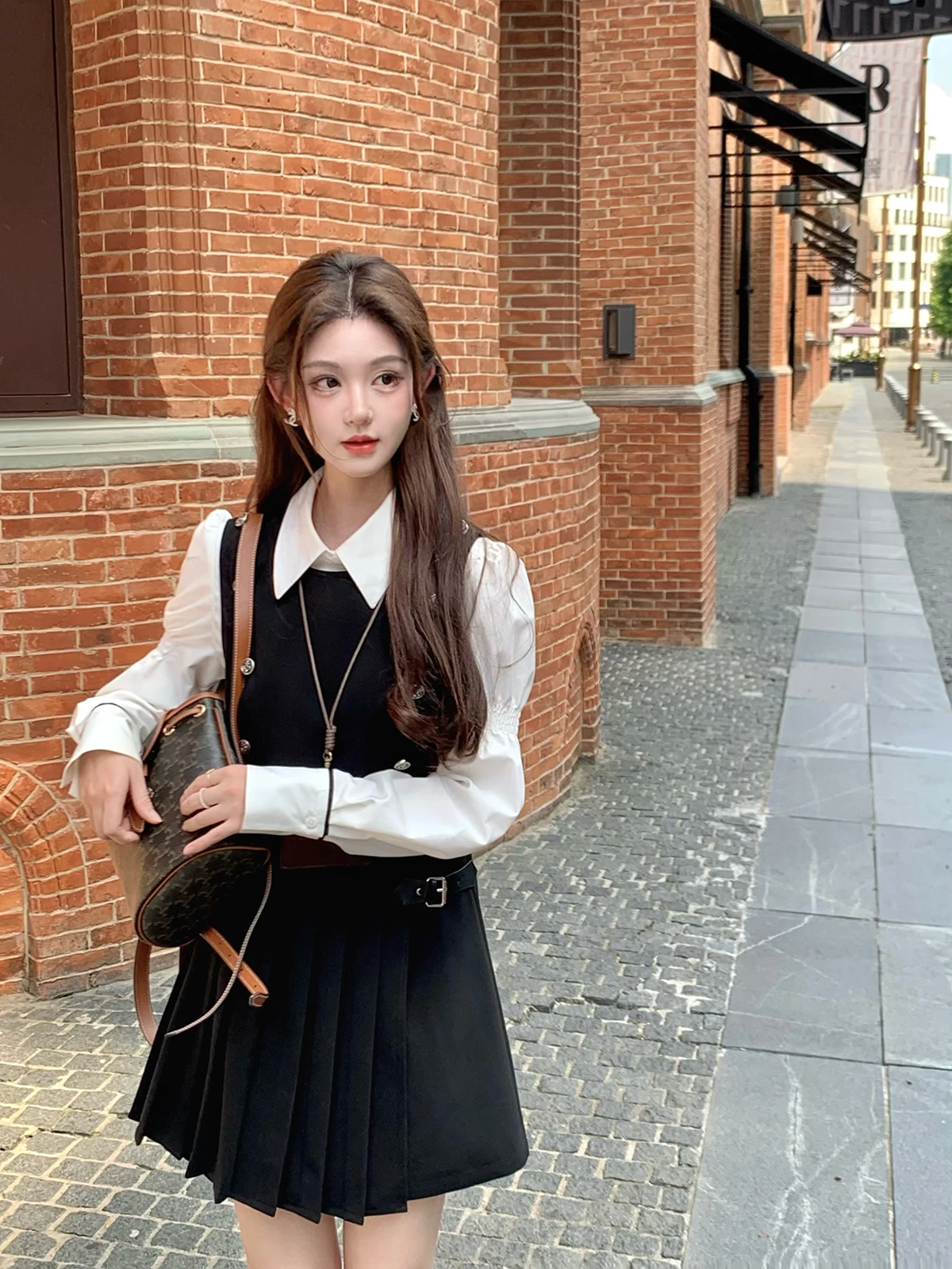 

Roro eep Casual Sle Double Breasted Pleated Skirt Dr Irregular College Sle Design Women's Polyester Fiber Long Sv...