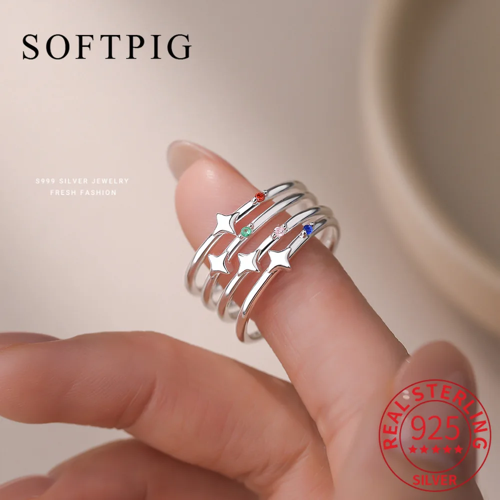 

SOFTPIG Genuine 925 Sterling Silver Zircon Star Adjustable Ring for Women Cute Fine Jewelry Light Luxury Accessories