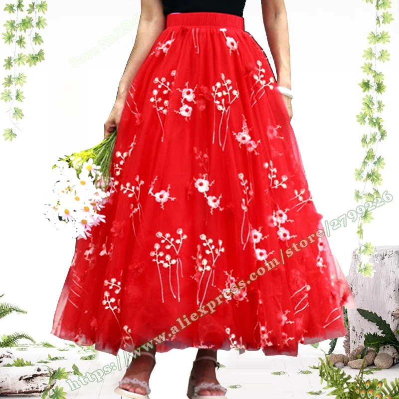 2023 Spring  Summer fairycore Embroidered Fragmented Flower Cake Fairy Mesh Fluffy Long Elegant Women's Skirts xxxxxxl Size