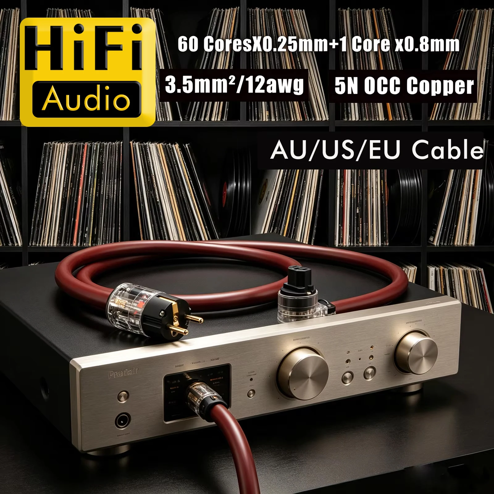 Preffair D520 HiFi Power Cable 12AWG OCC Copper Braided Shield Gold Plated EU Schuko IEC C15 Cord fo Audio Amplifier Turntable