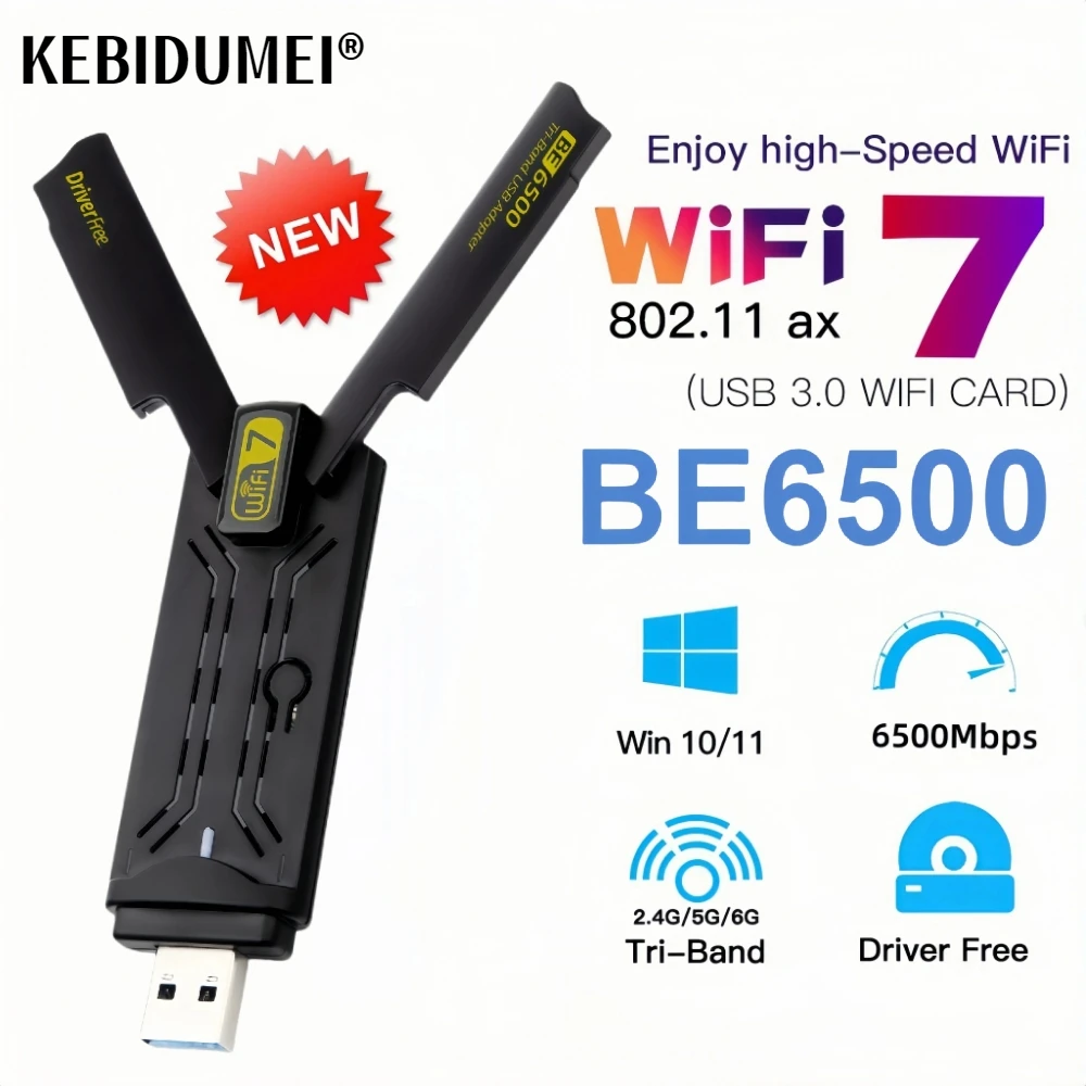 WiFi7 BE6500 USB 3.0 Adapter Triple Band Wireless Card 802.11AX 6GHz High Gain Antenna For PC/Laptop For Win 10/11 Driver Free