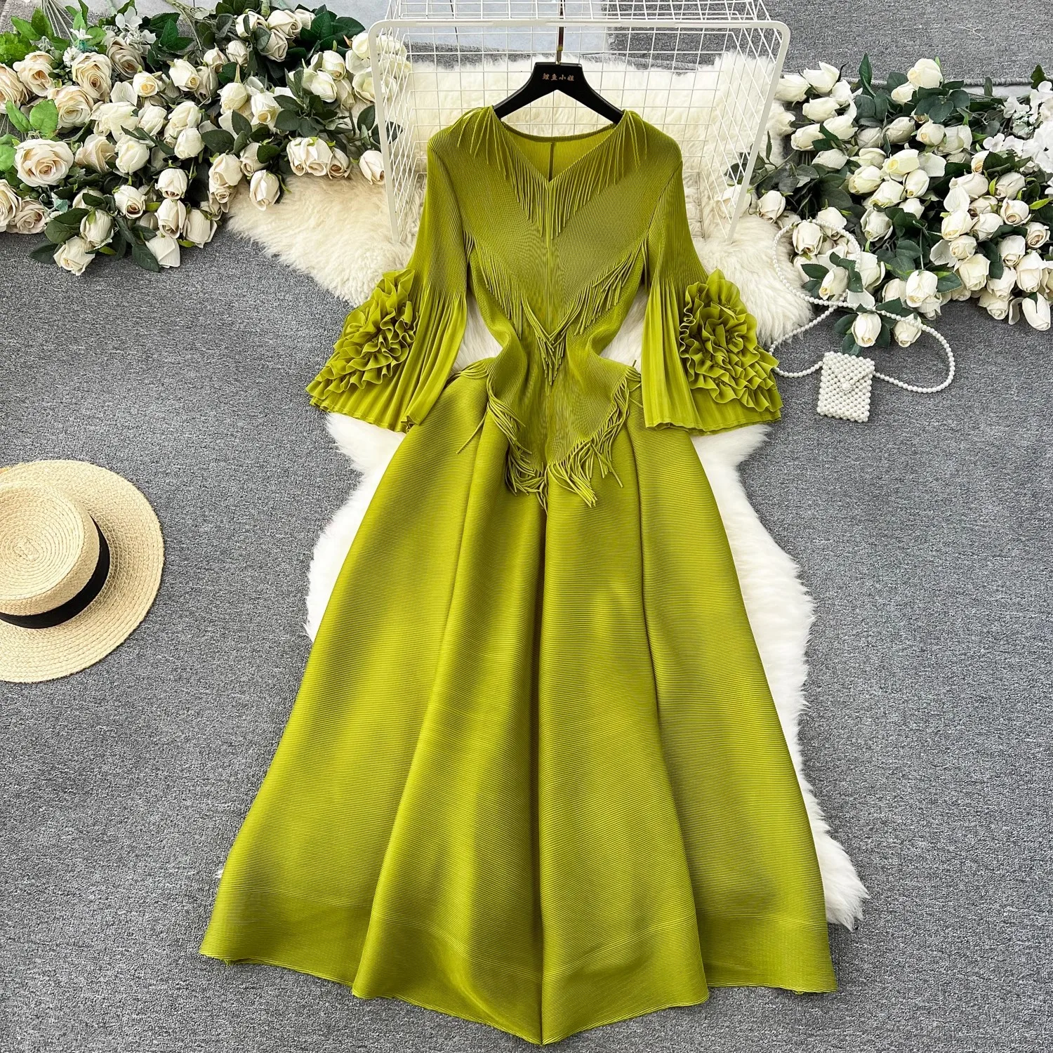 High Quality New Summer Miyake Pleated Loose Dress Oversize Women V Neck Heavy Discoid Flower Flare Sleeve Tassel Midi Vestidos