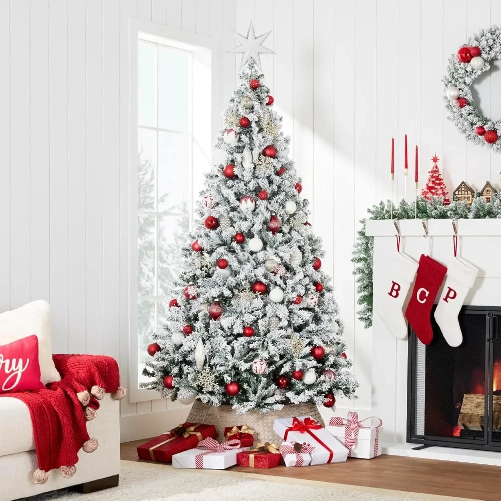 

Artificial Christmas Tree, Unlit Snow Flocked Design Pine Tree, Full Appearance Snowy W/Easy Assembly, Metal Stand