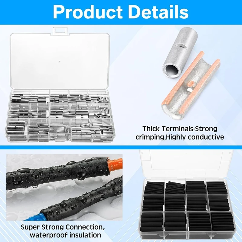 Uninsulated Butt Connector Kits Wire Butt Splice Connectors,Heat Shrink Tubing Kits Wire Crimping Tool for 26 to 6 Gauge-A79U