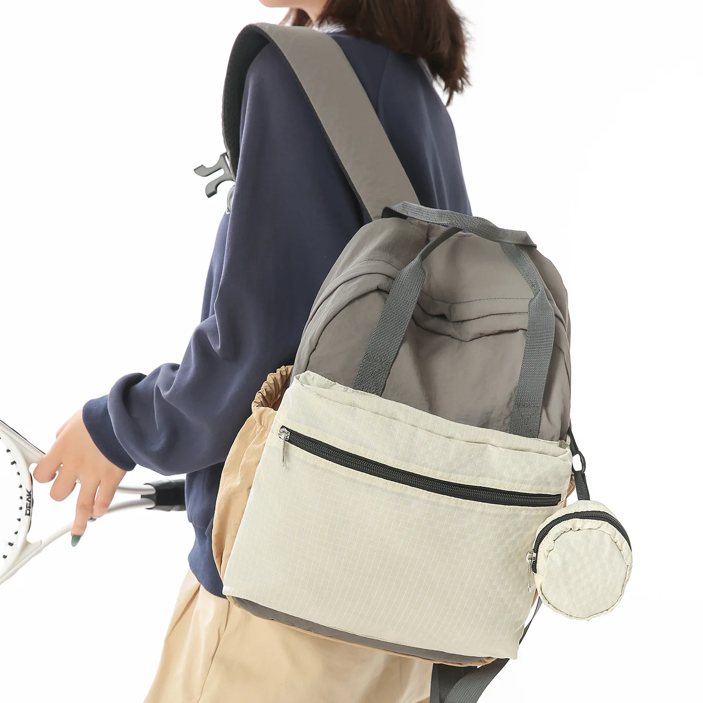 Women Nylon Backpack Female Detachable Round Pouch Ladies Daily Shoulder Handbag Casual Travel School Bag Lightweight Pack