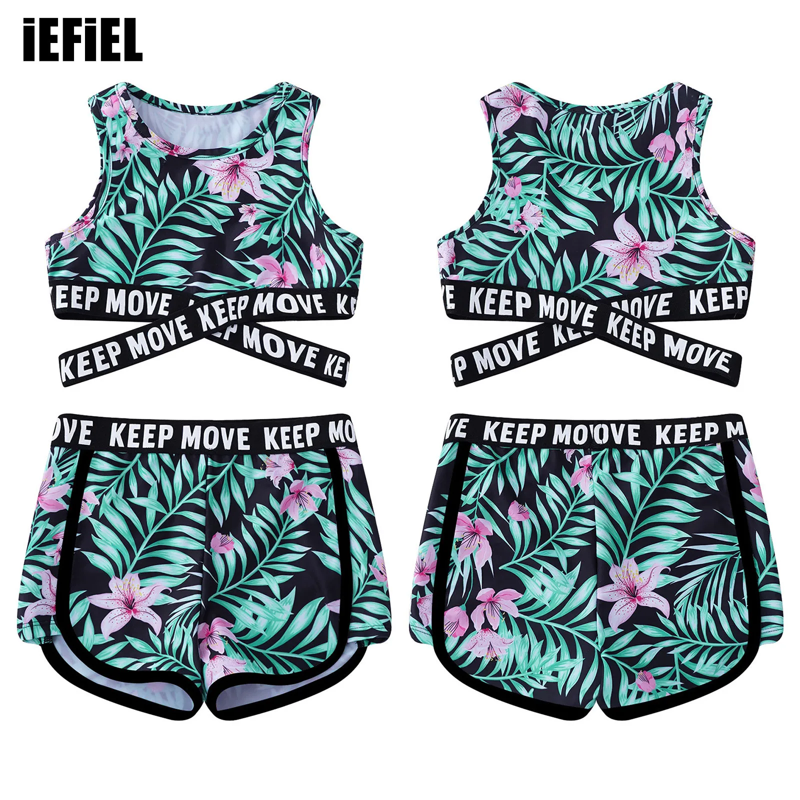 

Kids Girls Swimwear Round Neck Sleeveless Cross Sash Crop Tops And Shorts Set Beach Pool Swimming Bathing Rashguard Suit