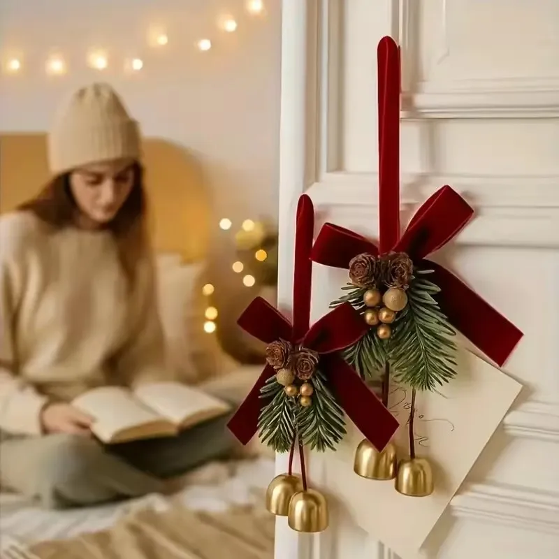 

Xmas Tree Pendant Christmas Jingle Bell Hanger: Velvet Bow & Pine Cones – Suitable for 2025 Home Door Decor & New Year Gifts