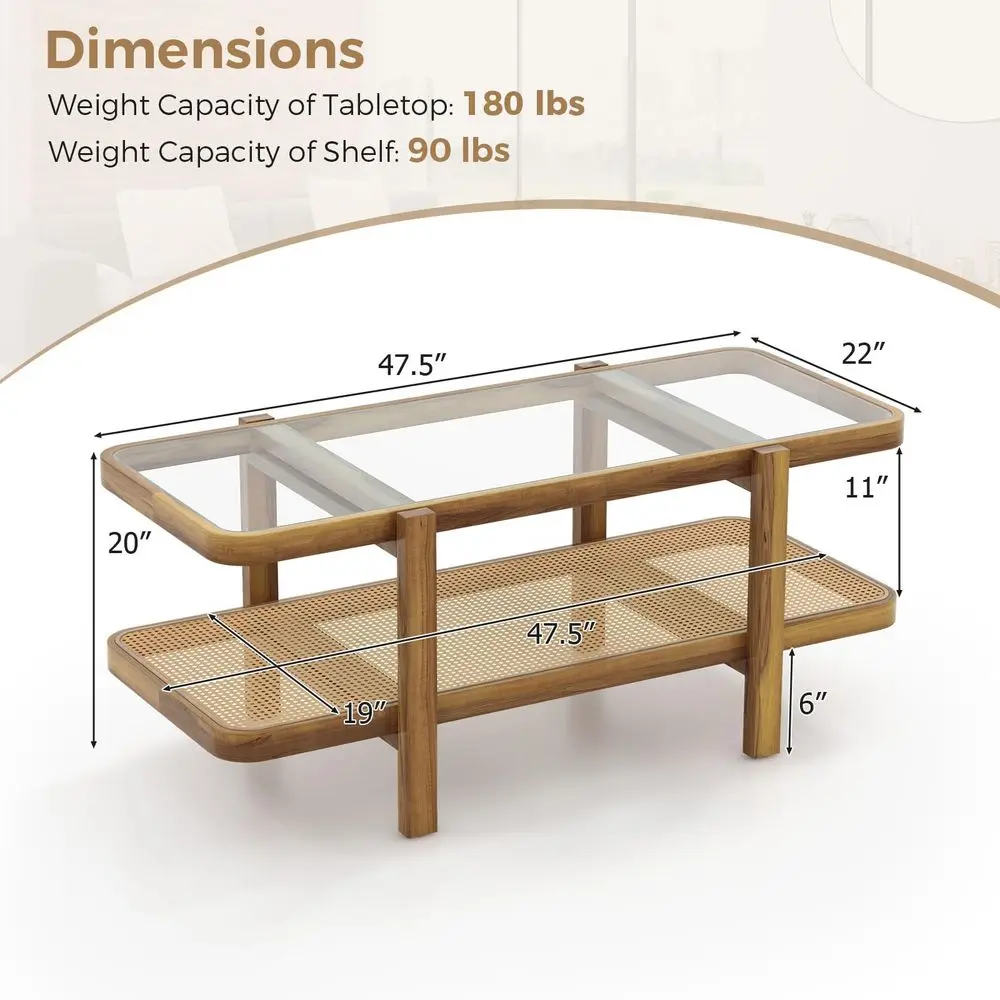 

Rattan Coffee Table, 47.5 Rectangle Solid Wood Tea Table w Tempered Glass Tabletop, Rattan Storage Shelf, 2Tier Boho Coffee Tab